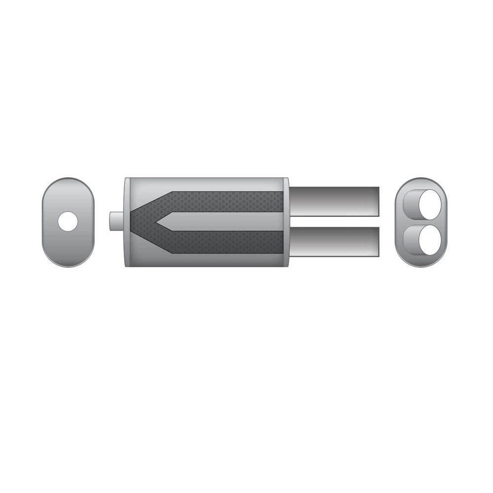 Elliptical end silencer, stainless, 130x220 mm, 2 x 76 mm tips, tip length 150 mm, tips curved slightly downward, E104