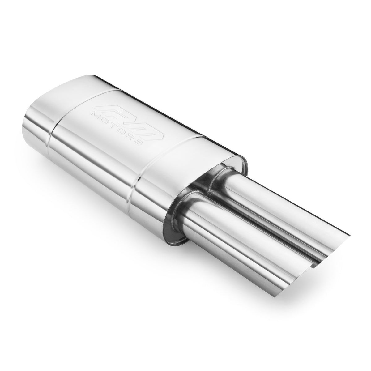 Elliptical end silencer, stainless, 130x220 mm, 2 x 76 mm tips, tip length 250 mm, left or right, E105
