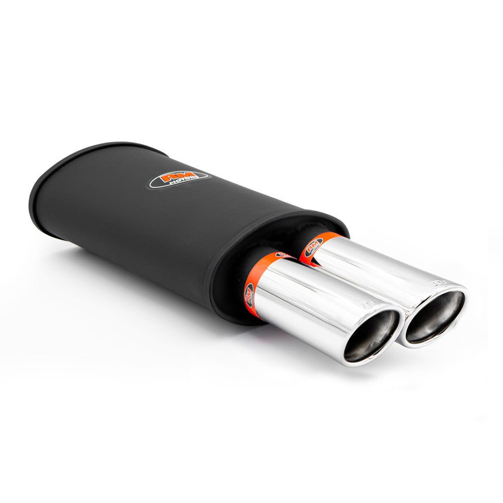 Aluminised sports silencer with two polished angle-cut stainless tips, rolled edge, flared diffuser, RM213