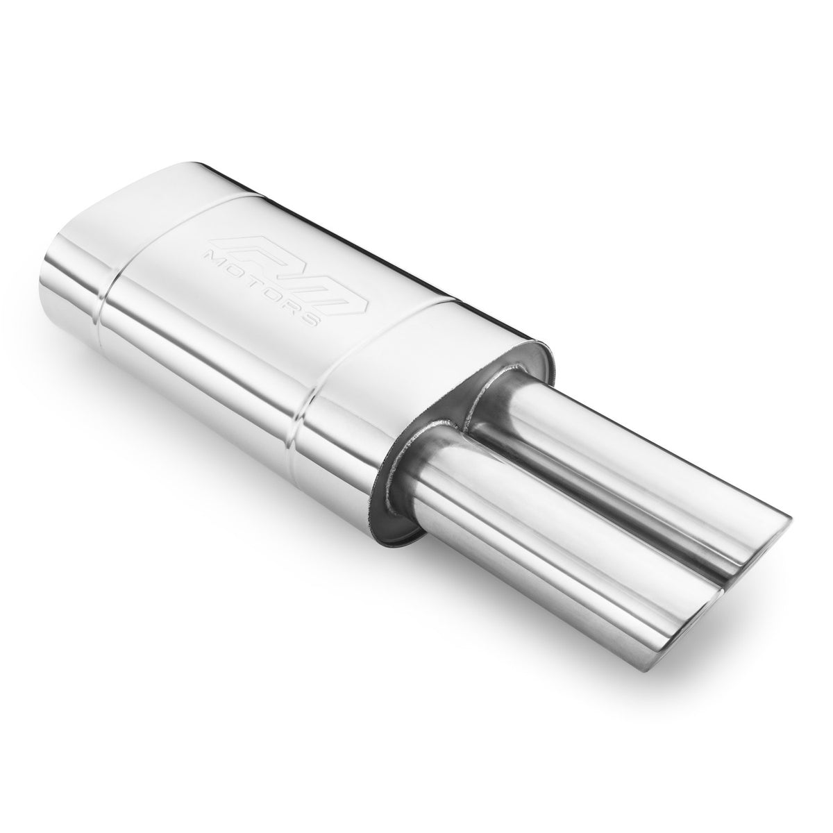 Elliptical end silencer, stainless, 130x220 mm, 2 x 76 mm tips, tip length 250 mm, rolled-edge tips, E110