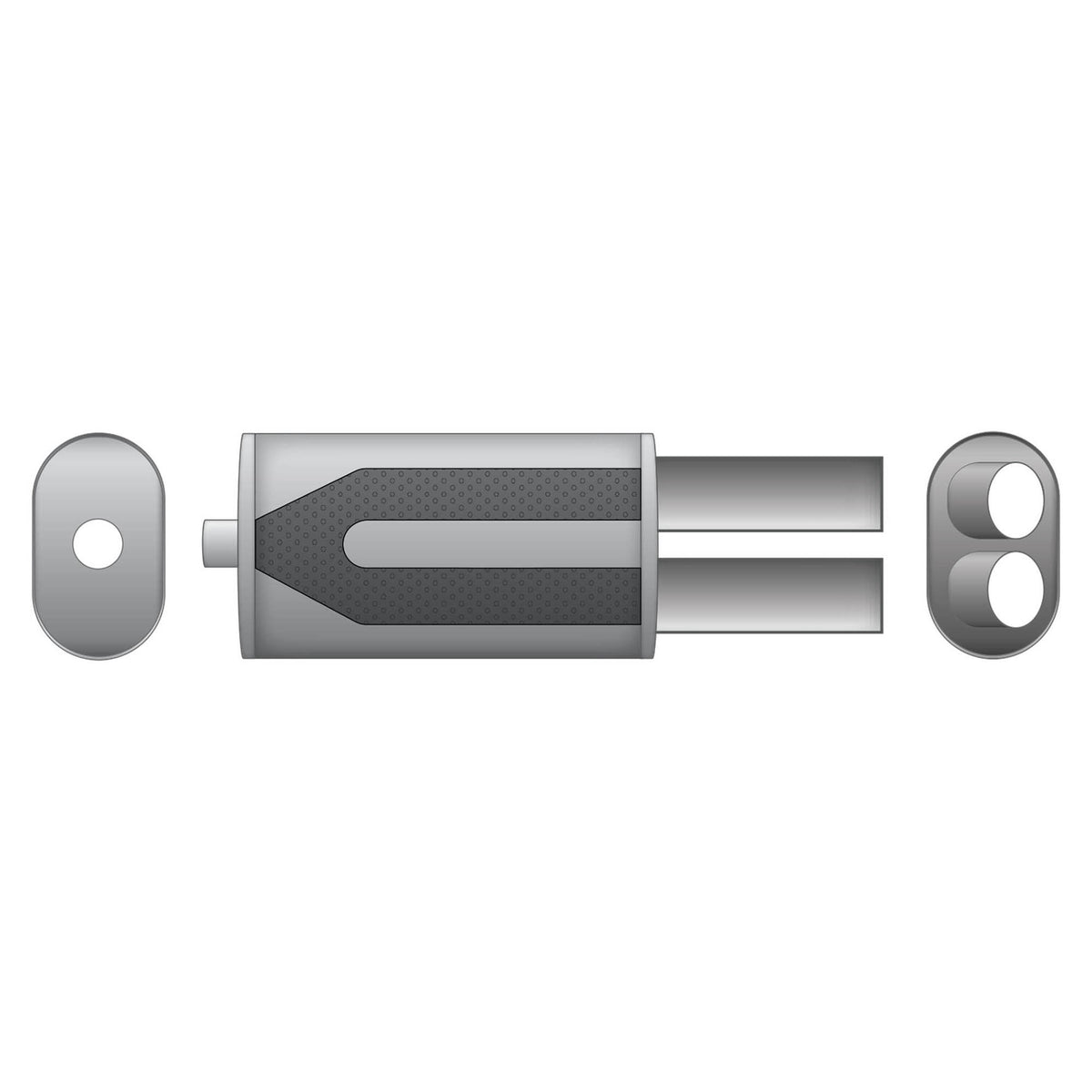 Elliptical end silencer, stainless, 130x220 mm, 2 x 63.5 mm tips, tip length 150 mm, tips bent downward, E103