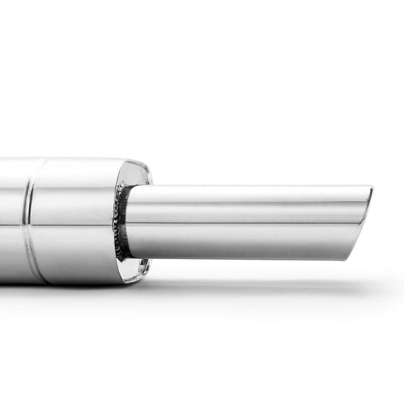 Elliptical end silencer, stainless, 130x220 mm, 2 x 76 mm tips, tip length 250 mm, rolled-edge tips, E110