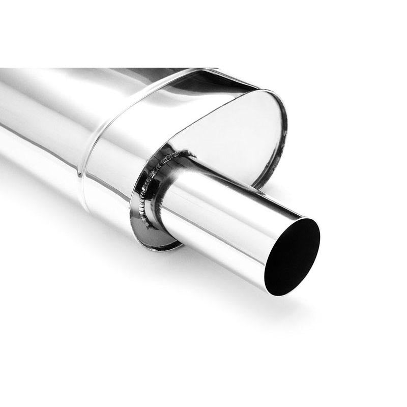 Elliptical end silencer, stainless, 130x220 mm, 76 mm tip, tip length 250 mm, offset pipes, E203H