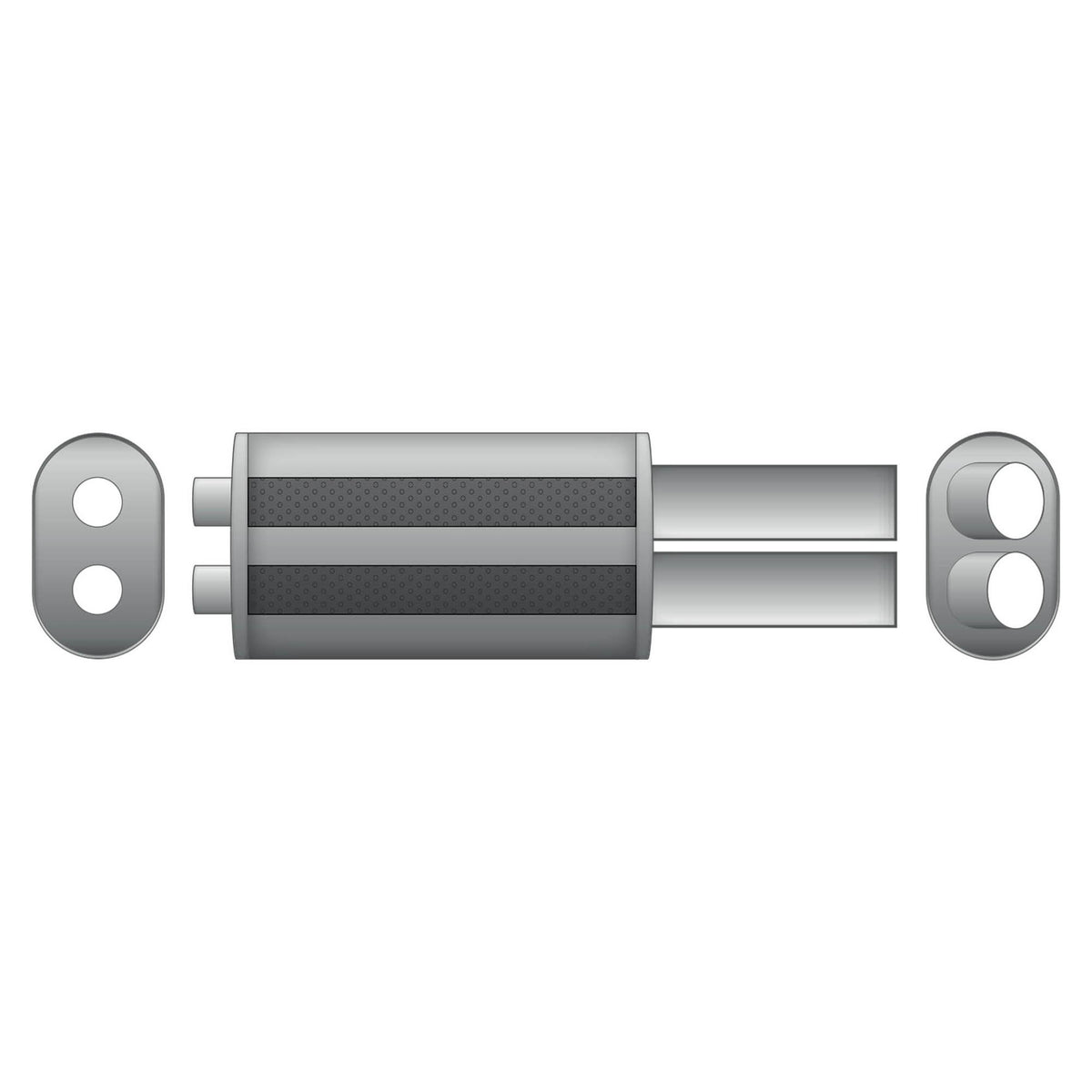 Elliptical end silencer, stainless, 130x220 mm, 2 x 63.5 mm tips, tip length 150 mm, tips bent downward, E103
