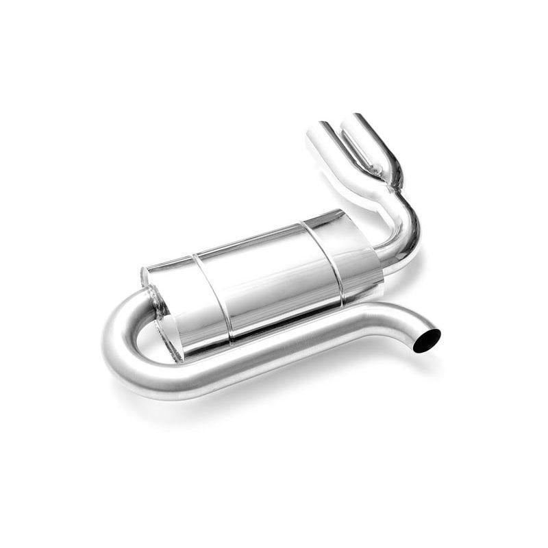Elliptical end silencer, stainless, 130x220 mm, 2 x 76 mm tips, looped pipe around the body, twin tips in a Y, E206GP