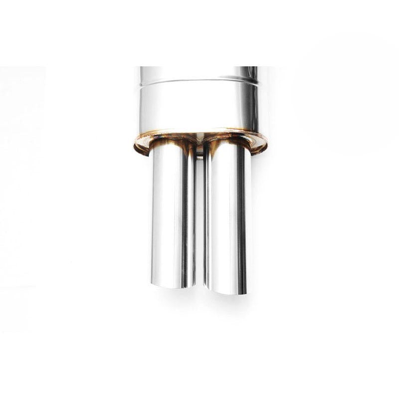 Elliptical end silencer, stainless, 130x220 mm, 2 x 76 mm tips, tip length 250 mm, left or right, E105
