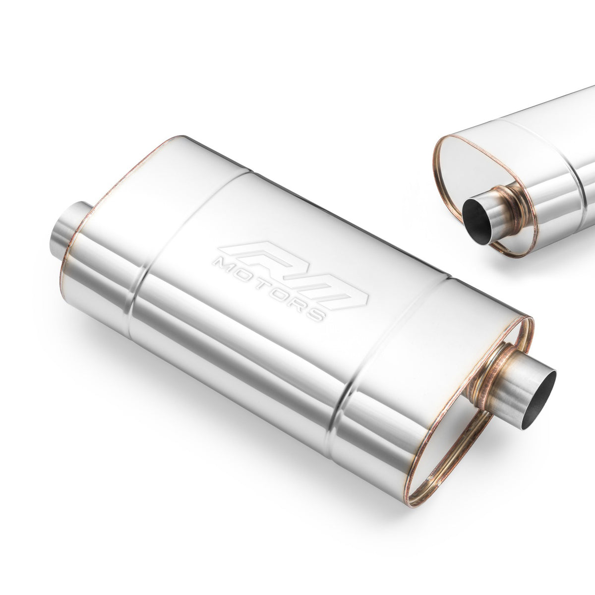Universal elliptical silencer, stainless, 130x220 mm, pipes on opposite sides of the body, E003