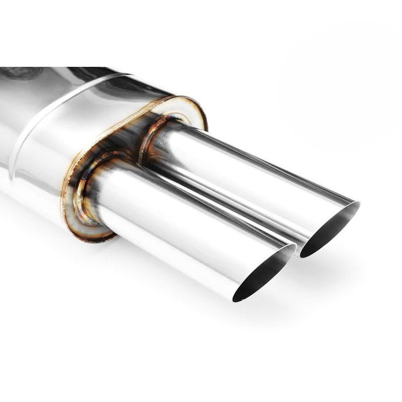 Elliptical end silencer, stainless, 130x220 mm, 2 x 76 mm tips, tip length 250 mm, left or right, E105