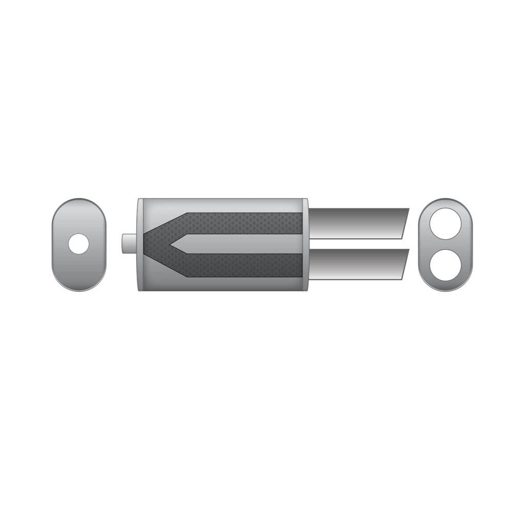 Elliptical end silencer, stainless, 130x220 mm, 2 x 76 mm tips, tip length 250 mm, left or right, E105