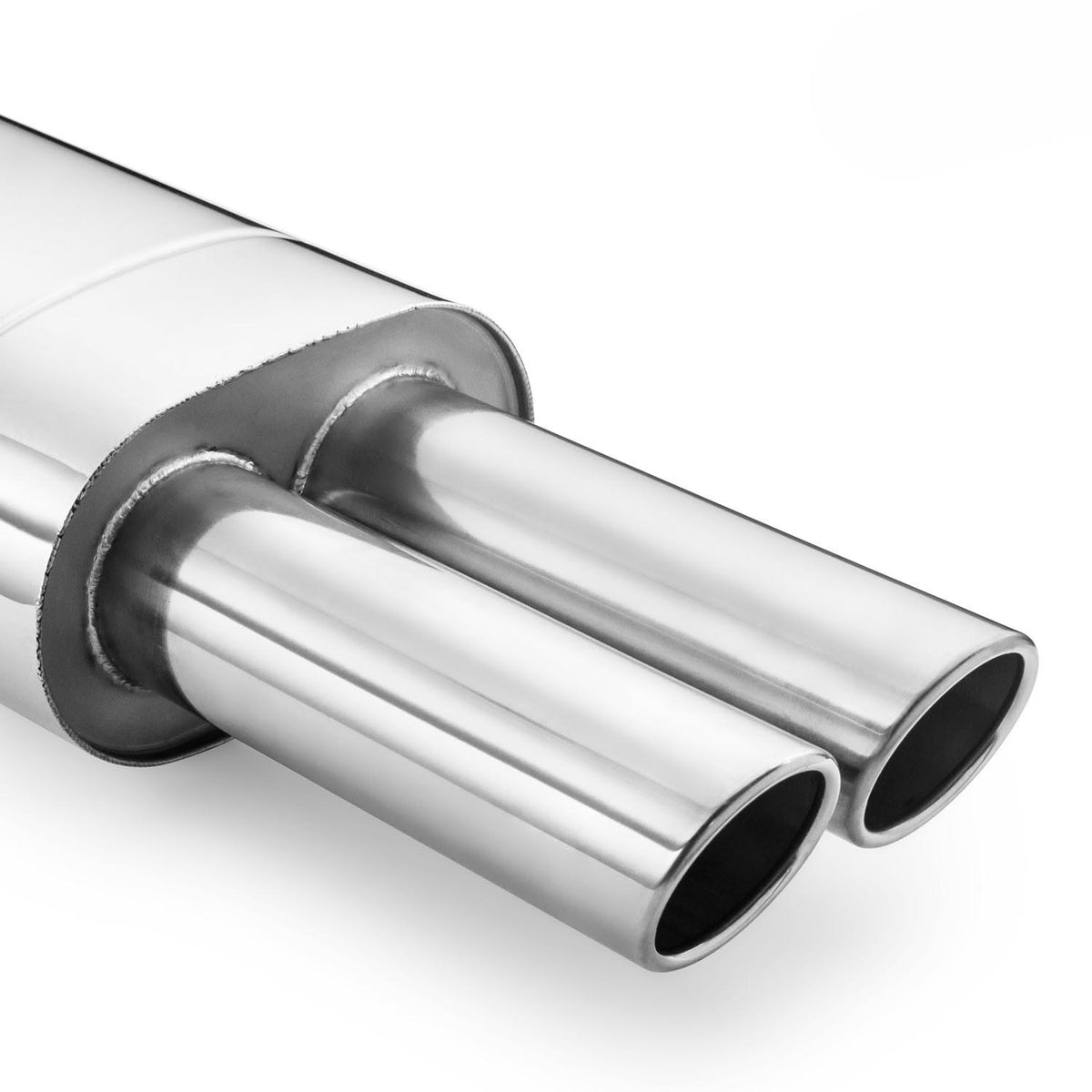 Elliptical end silencer, stainless, 130x220 mm, 2 x 76 mm tips, tip length 250 mm, rolled-edge tips, E110