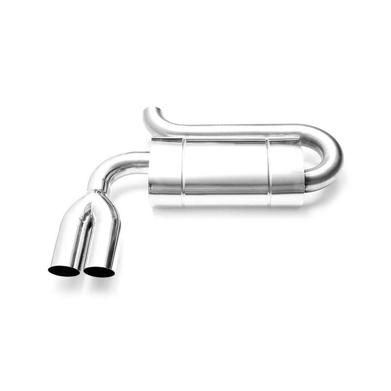 Elliptical end silencer, stainless, 130x220 mm, 2 x 76 mm tips, looped pipe around the body, twin tips in a Y, E206GP