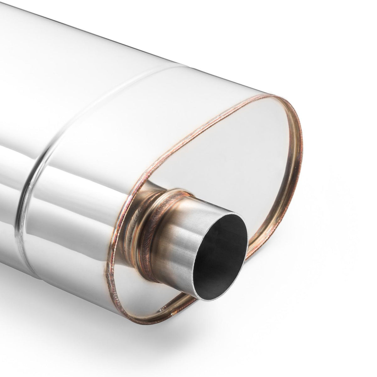 Universal elliptical silencer, stainless, 130x220 mm, both pipes on the same side of the body, E007