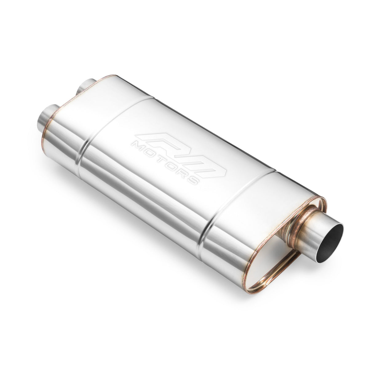 Universal elliptical silencer, stainless, 180x100 mm, dual 2x50 mm outlet, EM005