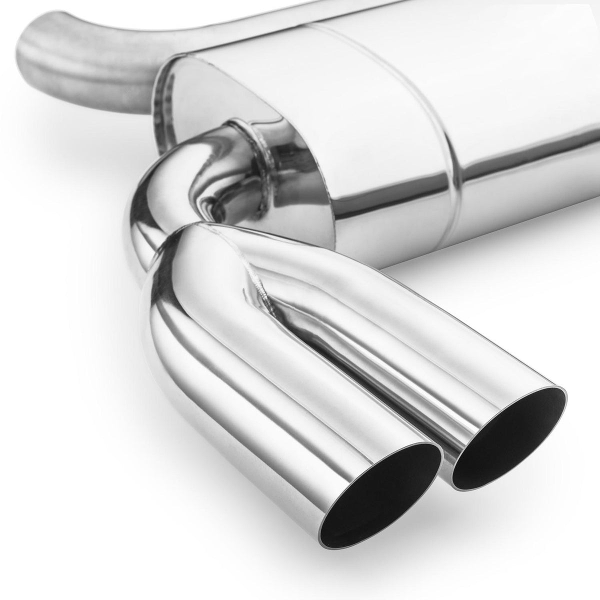 Elliptical end silencer, stainless, 130x220 mm, 2 x 76 mm tips, looped pipe around the body, twin tips in a Y, E206GP