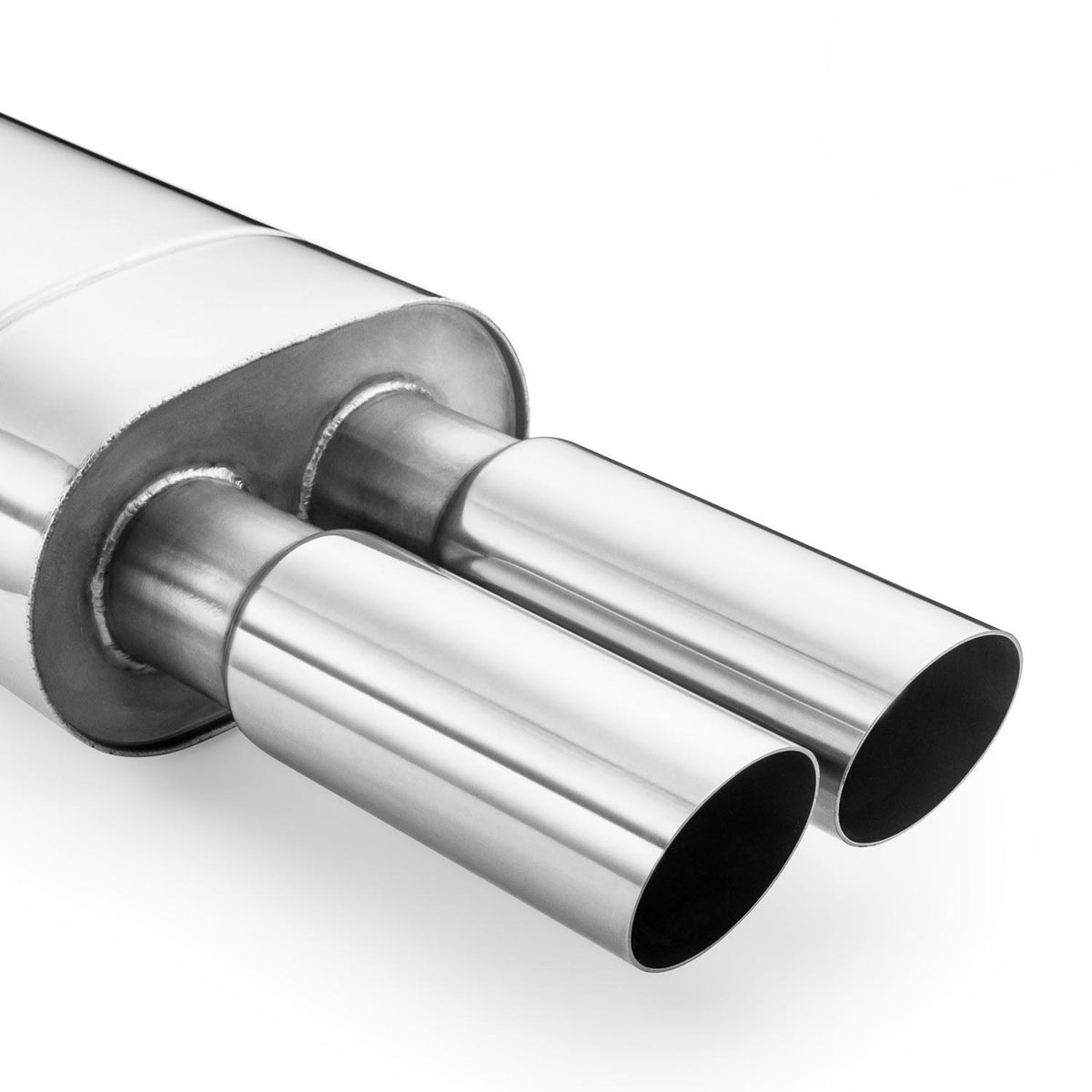 Elliptical end silencer, stainless, 130x220 mm, 2 x 76 mm tips, tip length 220 mm, stepped tips, E101