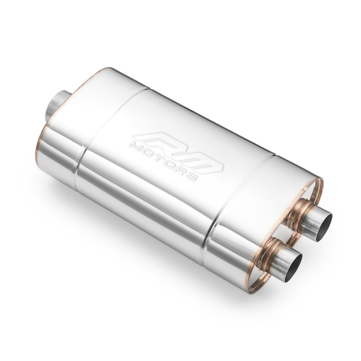 Universal elliptical silencer, stainless, 130x220 mm, dual 2x50 mm outlet, single pipe centred, E004