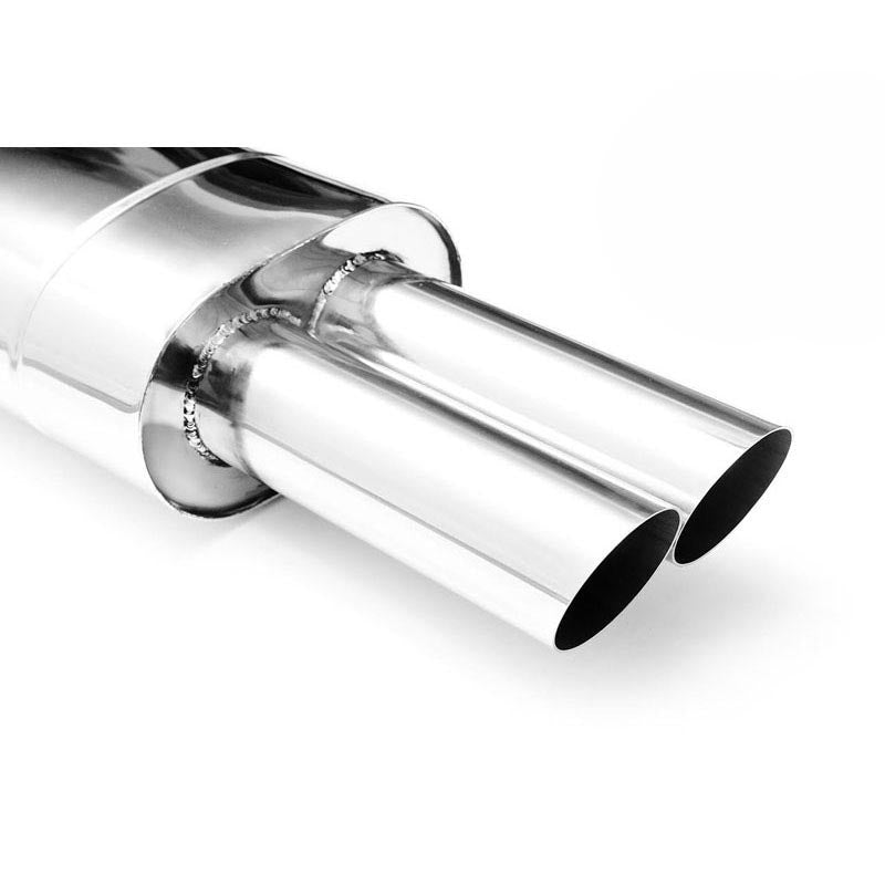 Elliptical end silencer, stainless, 130x220 mm, 2 x 76 mm tips, tip length 250 mm, E102