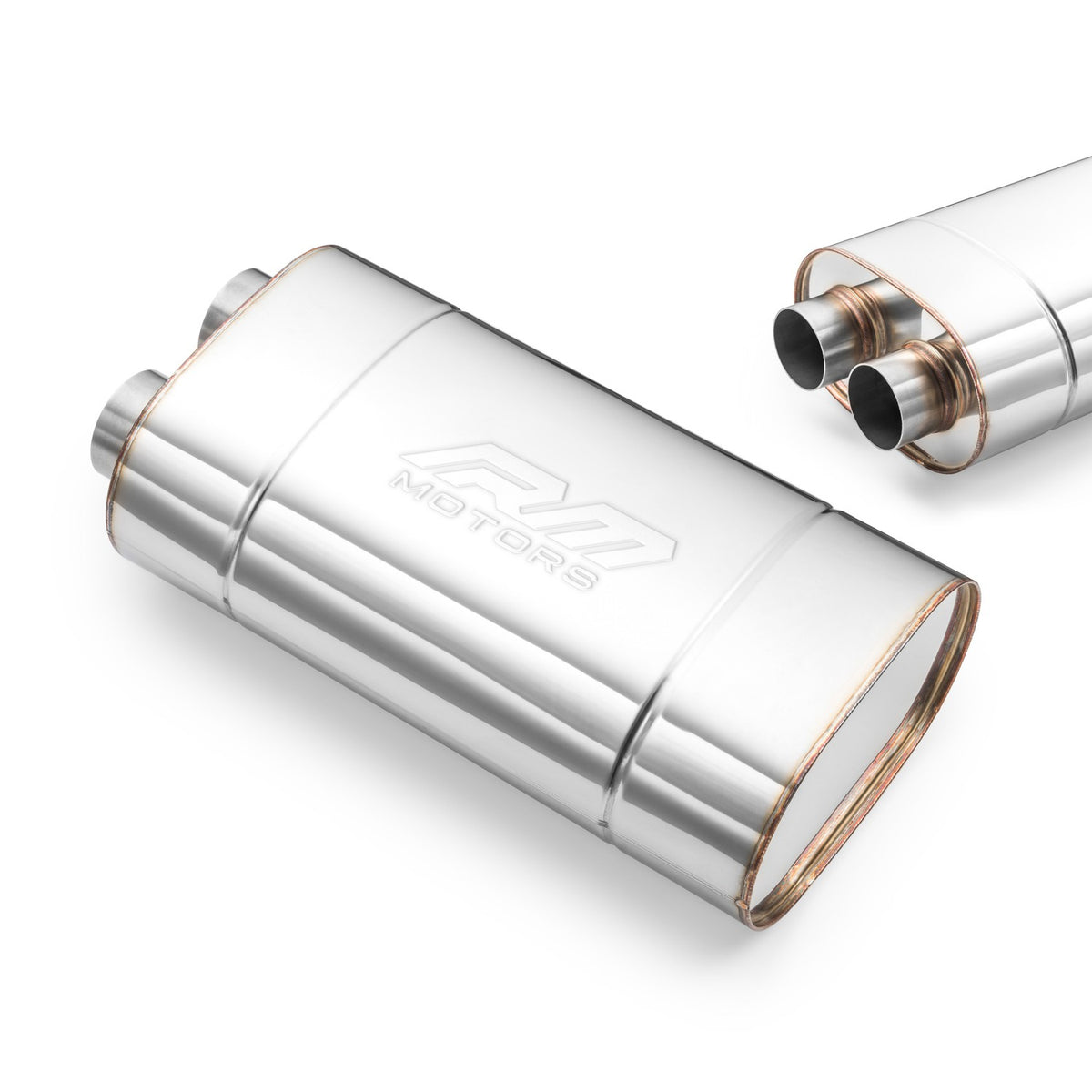 Universal elliptical silencer, stainless, 130x220 mm, two pipes on the same end, other end closed, E010