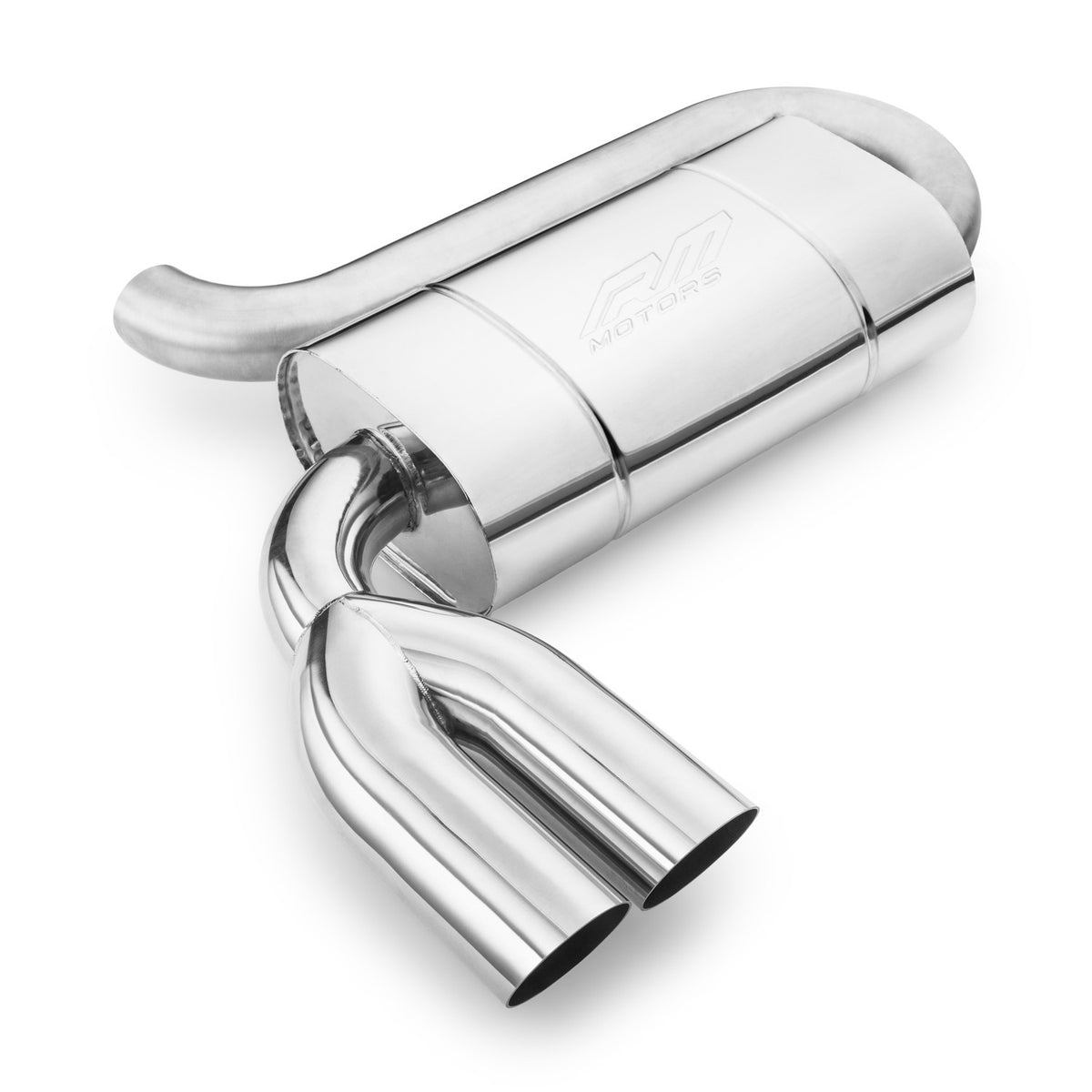 Elliptical end silencer, stainless, 130x220 mm, 2 x 76 mm tips, looped pipe around the body, twin tips in a Y, E206GP