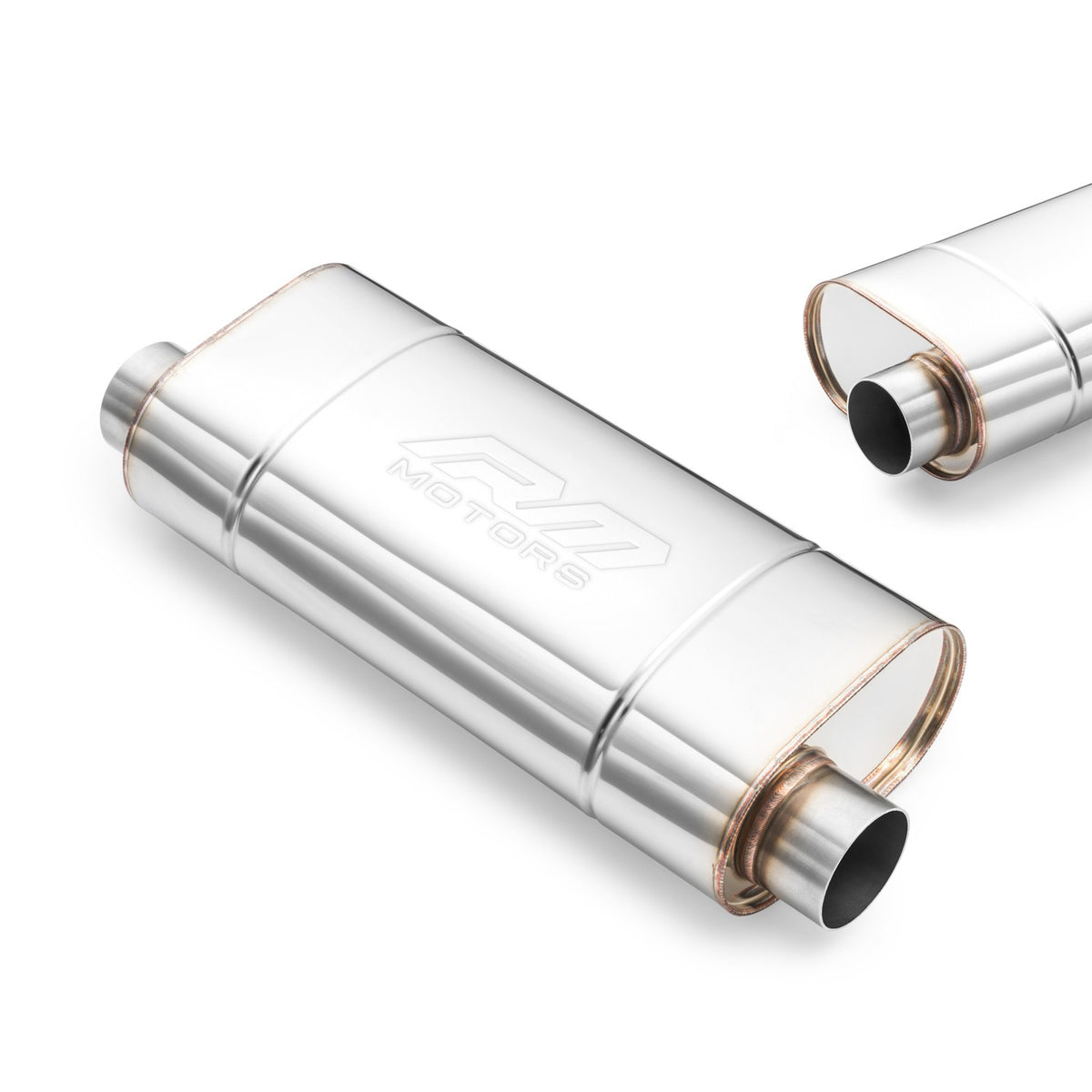 Universal elliptical silencer, stainless, 180x100 mm, both pipes on the same side of the body, EM007