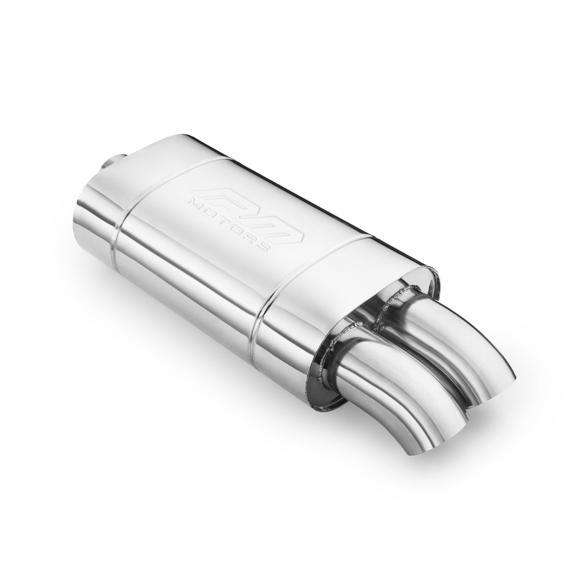 Elliptical end silencer, stainless, 130x220 mm, 2 x 76 mm tips, tip length 150 mm, tips curved slightly downward, E104