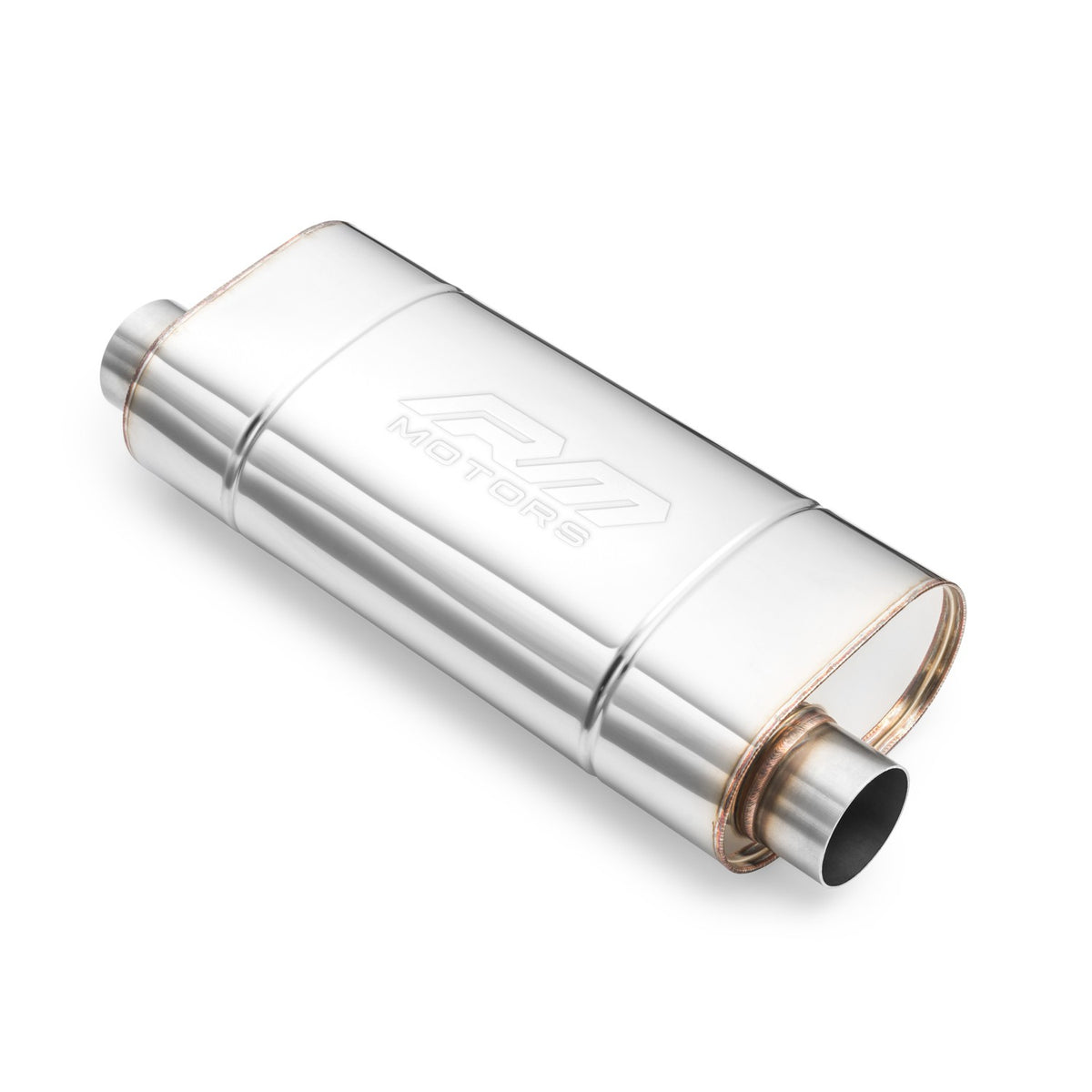 Universal elliptical silencer, stainless, 180x100 mm, both pipes on the same side of the body, EM007