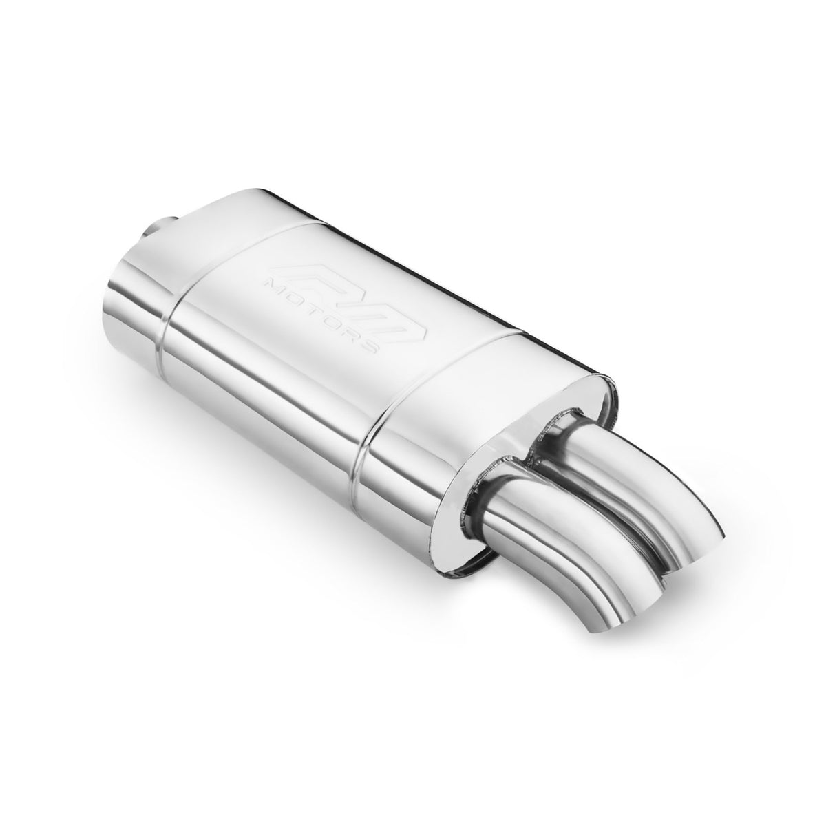 Elliptical end silencer, stainless, 130x220 mm, 2 x 63.5 mm tips, tip length 150 mm, tips bent downward, E103