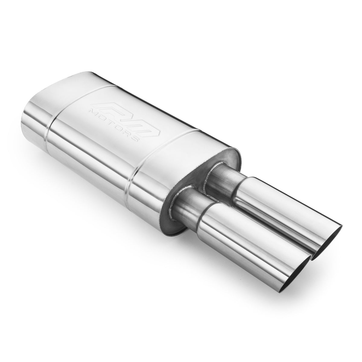 Elliptical end silencer, stainless, 130x220 mm, 2 x 76 mm tips, tip length 220 mm, stepped tips, E101