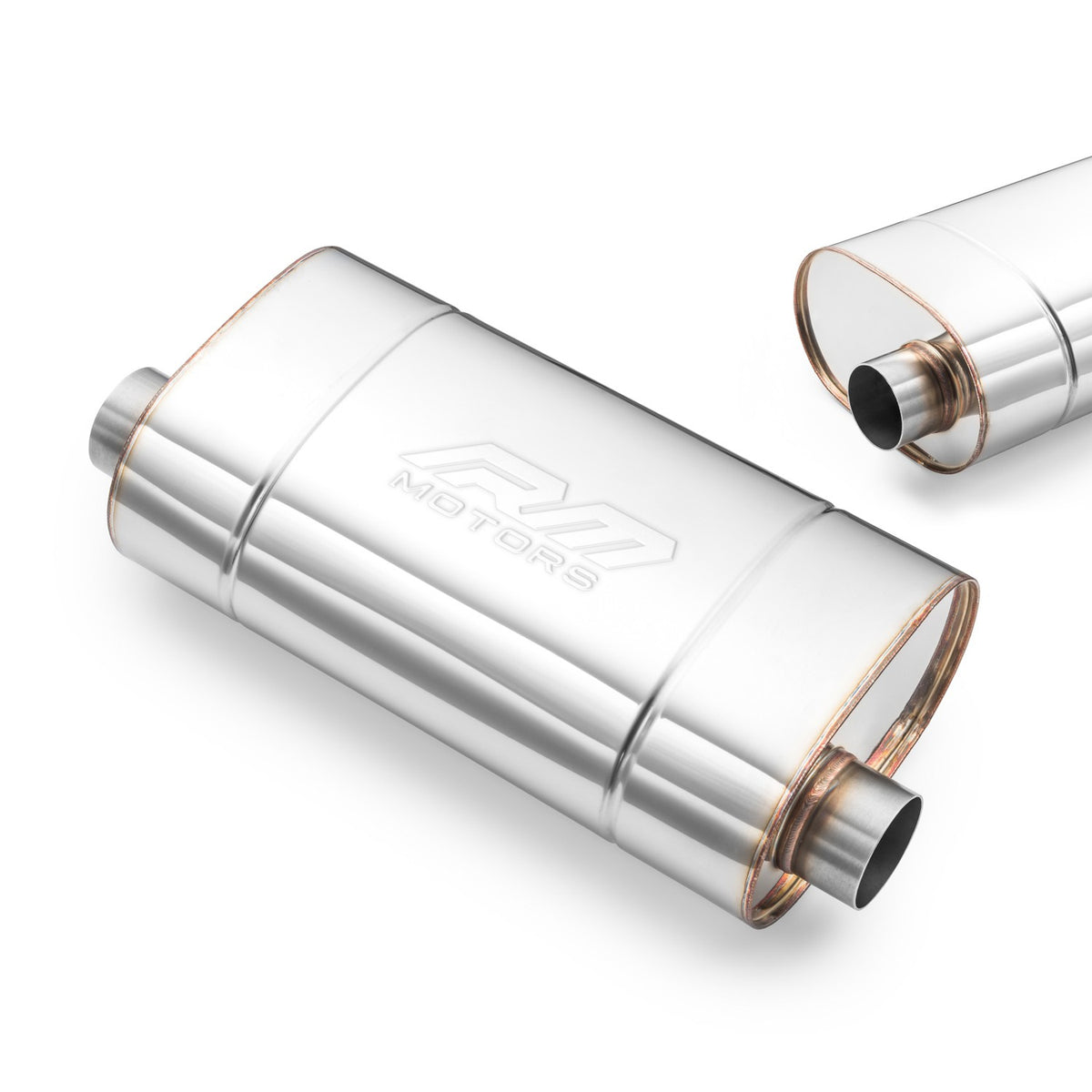 Universal elliptical silencer, stainless, 130x220 mm, both pipes on the same side of the body, E007