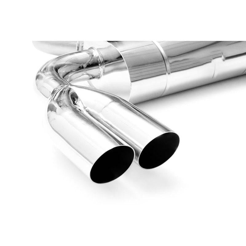 Elliptical end silencer, stainless, 130x220 mm, 2 x 76 mm tips, looped pipe around the body, twin tips in a Y, E206GP
