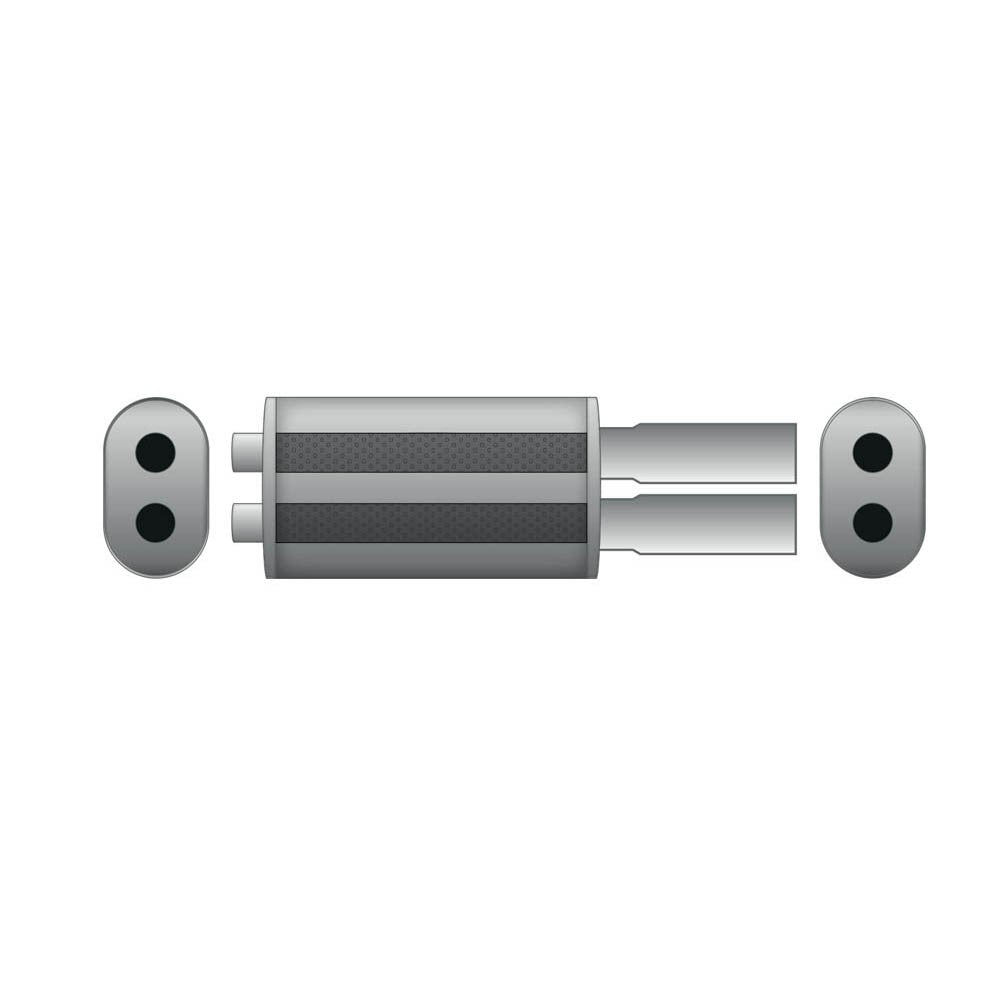Elliptical end silencer, stainless, 130x220 mm, 2 x 76 mm tips, tip length 220 mm, stepped tips, E101