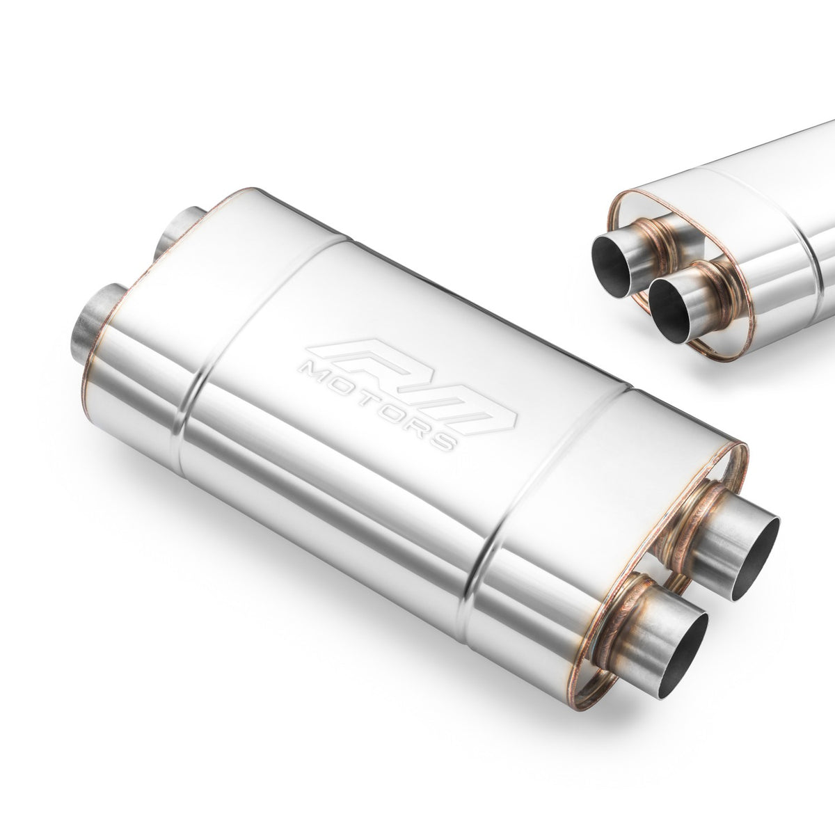 Universal elliptical silencer, stainless, 130x220 mm, 2 pipes at each end, E006