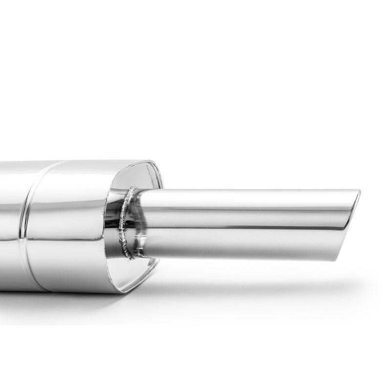 Elliptical end silencer, stainless, 130x220 mm, 76 mm tip, tip length 250 mm, angle-cut tip with rolled edge, E111