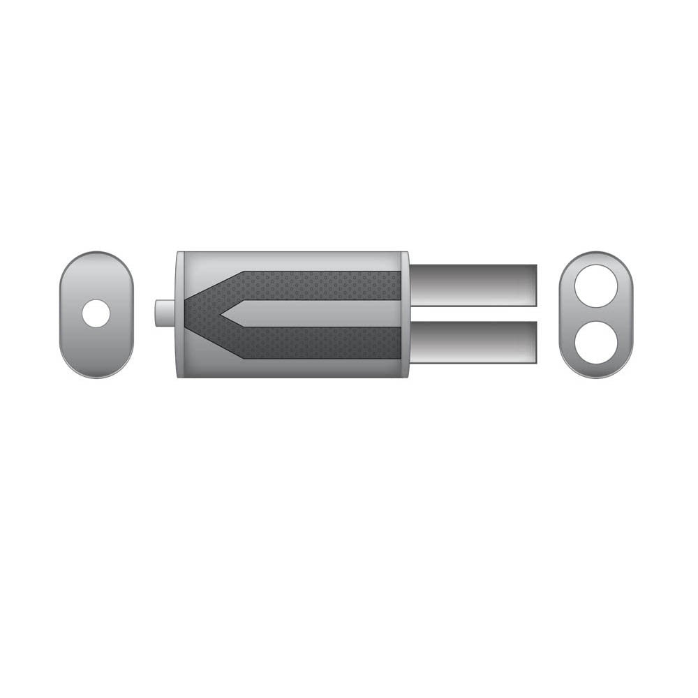 Elliptical end silencer, stainless, 130x220 mm, 2 x 76 mm tips, tip length 250 mm, E102