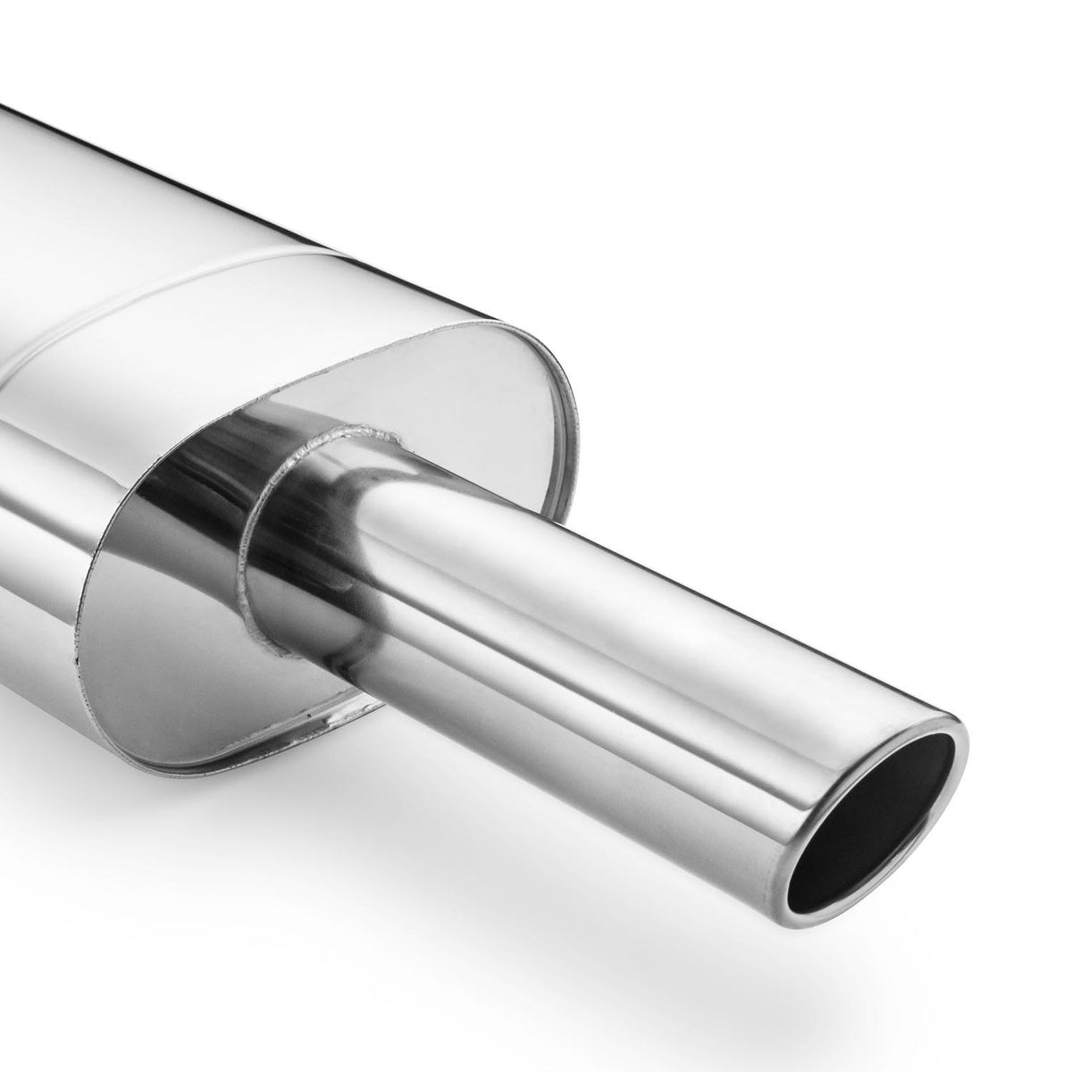 Elliptical end silencer, stainless, 130x220 mm, 76 mm tip, tip length 250 mm, angle-cut tip with rolled edge, E111