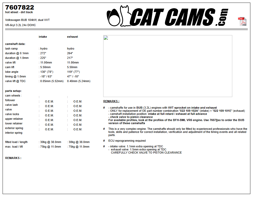 Fisa Cat Cams 7607822: durata la 0,1 si 1 mm, ridicare, calaj, arcuri si curba de ridicare, admisie si evacuare