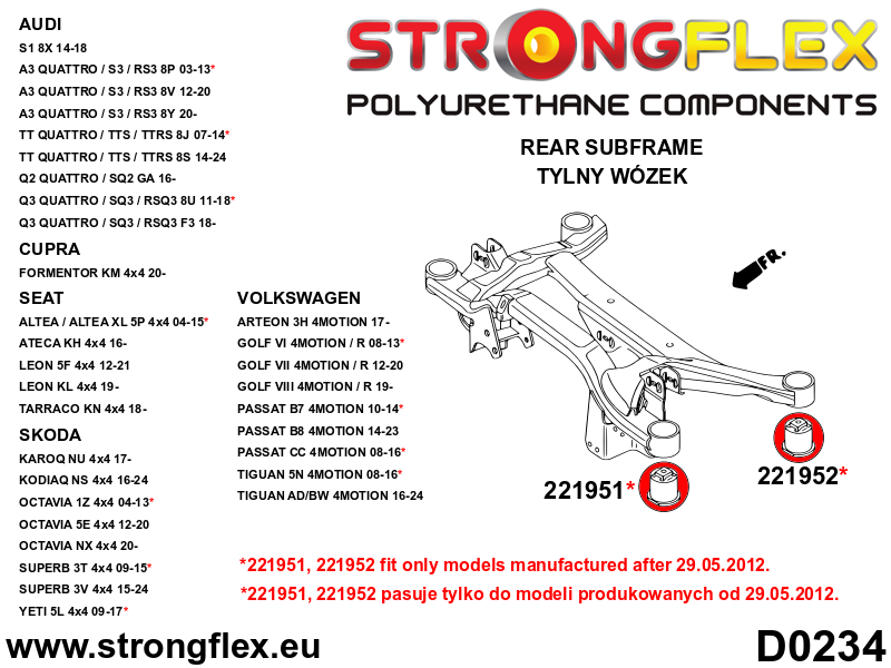 Bucsa poliuretan Strongflex posterioara subcadru spate 52mm - Audi A3 / S3 / RS3, TT / TTS / TTRS / Seat Leon - 221952B