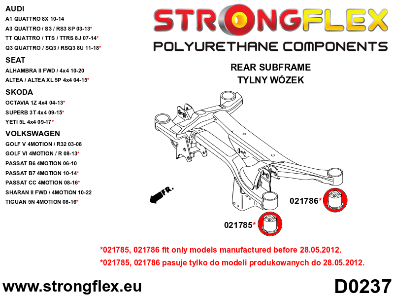 Bucsa poliuretan Strongflex frontala subcadru spate 70mm - Audi A3 / S3 / RS3, TT / TTS / TTRS / Volkswagen Golf, Passat - 021785B